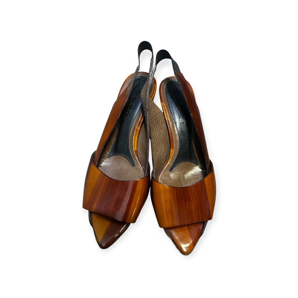 Marni Slingback Sandals Womens 37.5 Brown Leather Wood Grain Pointed Block‎ Heel